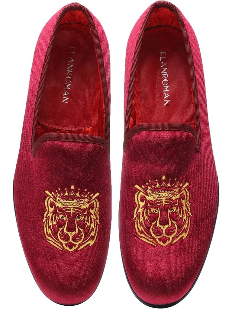 Elanroman Men's Wine Tiger Velvet Loafers Embroidery Slip On Penny Party Shoes